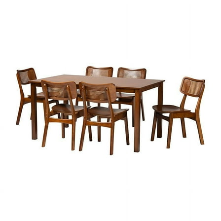 Baxton Studio Walnut Brown Finished Wood and Rattan 7-Piece Dining Set
