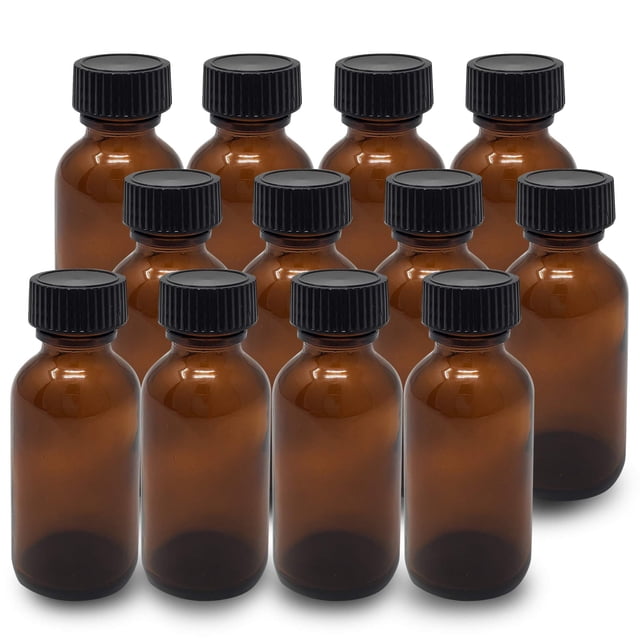 Oni Savings Botellas De Vidrio Ámbar, 1 Oz (30 Ml), Paquete De 12 Botellas Vacías Recargables Con Tapa Negra, Botella De Aceites Esenciales A Prueba De Fugas Para Almacenamiento Y Botellas De Viaje Pa