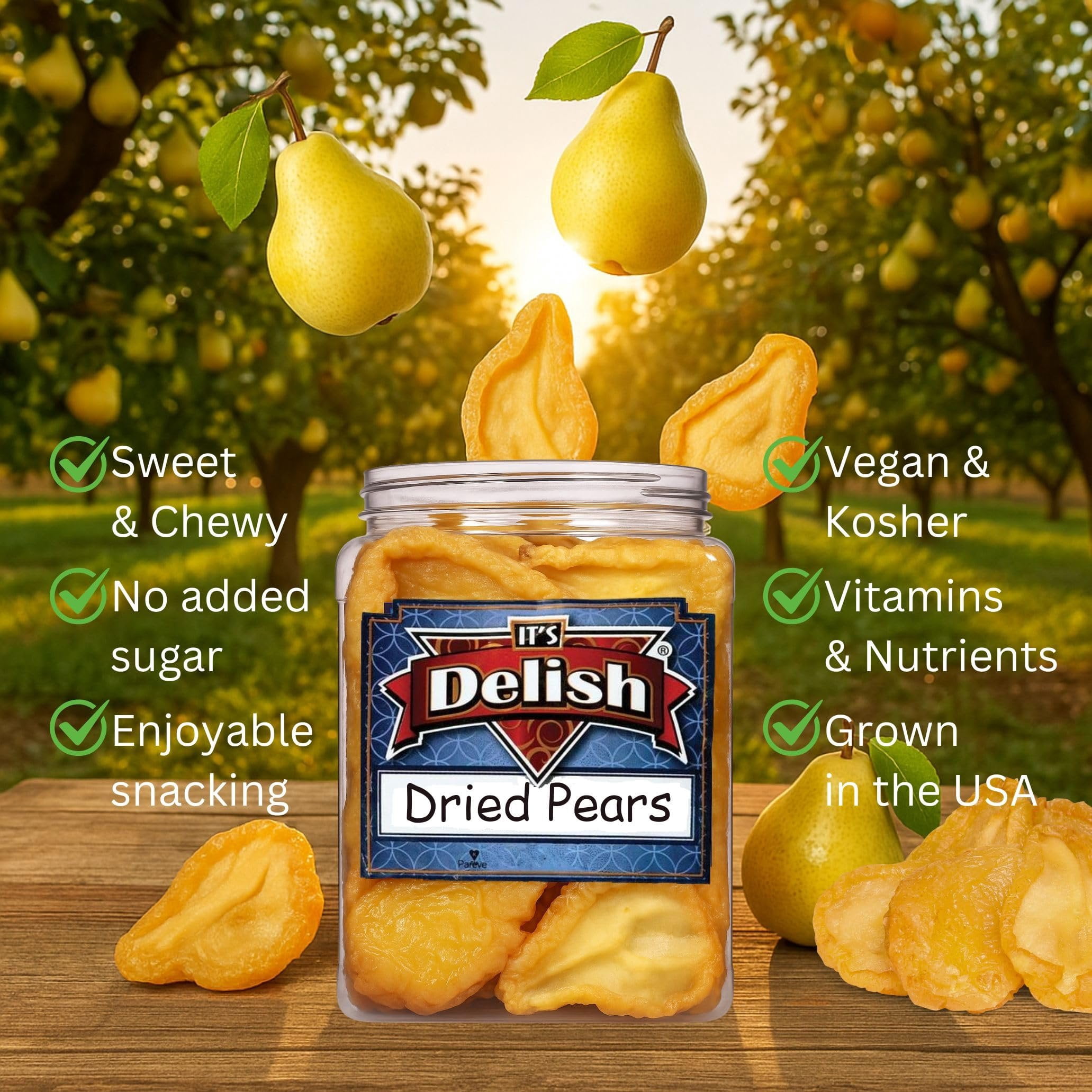 Dried Pears by It's Delish, 38 Oz Jumbo Container  Fancy California Pear Slices No Sugar Added  Healthy Dried Fruit Snack Food Naturally Sweet Moist and Chewy Dry Fruit Snacks  Vegan, Kosher