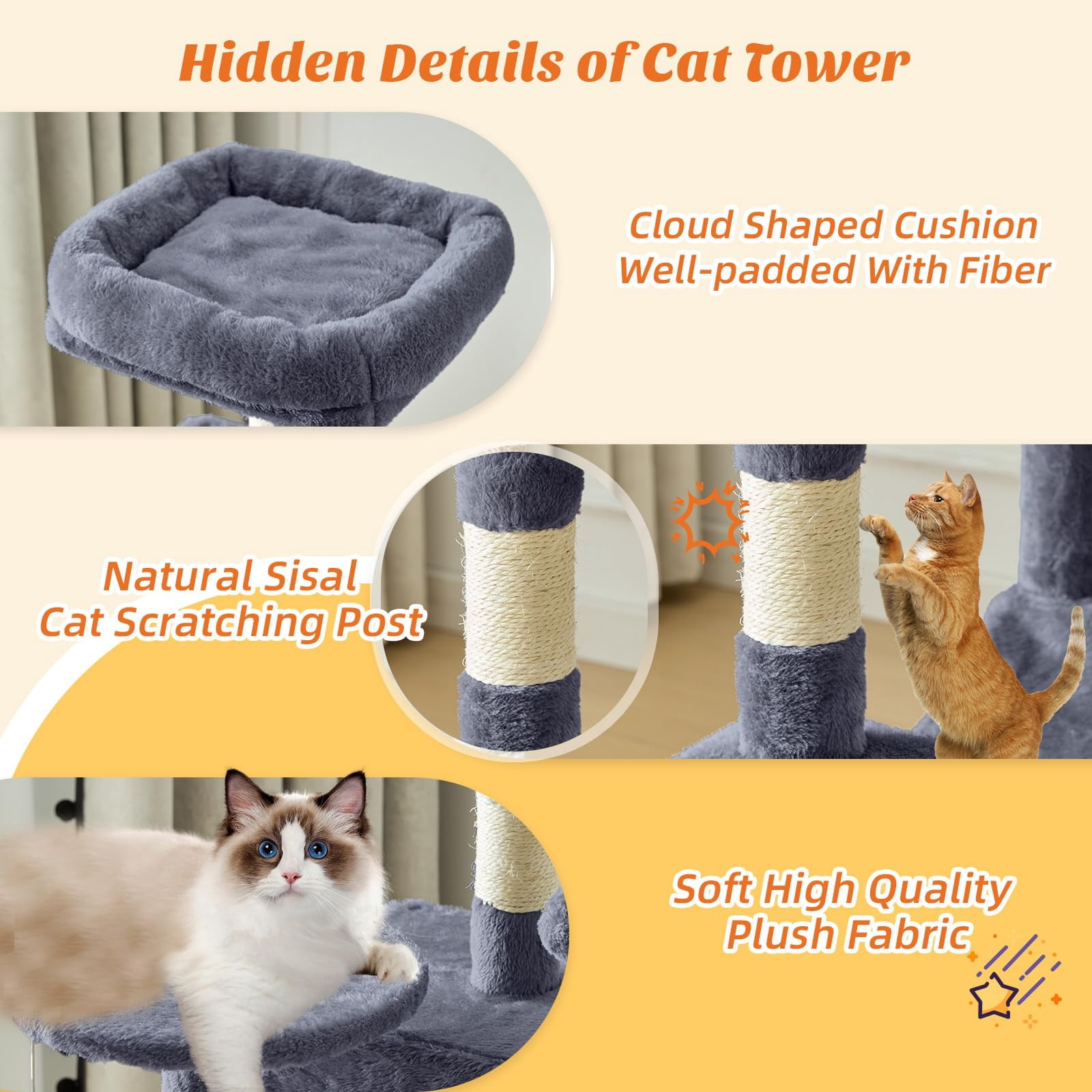 Atilioo 44 inch Cat Tree, Multi-Level Indoor Cat Tower with Condo, Hammock, Sisal Scratching Posts, Anti-Tip Bolts for Indoor Cats, Gray