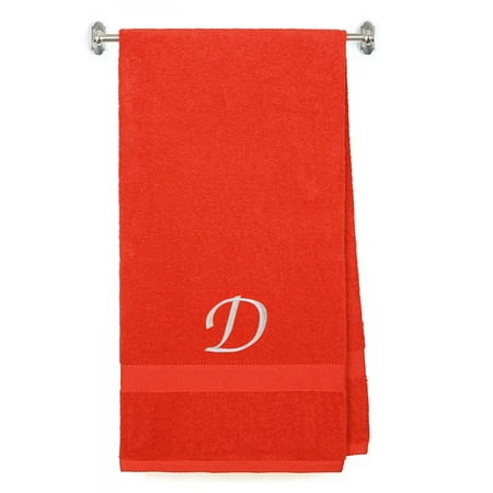 Embroidered Terry Cotton Bath Towel for Bath, Shower - Personalized Gift - Cover up Towel for Swimming Pool, Fitness and Beach - 35 x 65 inches - Red Color Towel - Silver Script Initial D