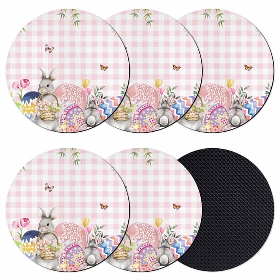Bunny Easter Coasters Set of 6, Absorbent Coasters for Drinks, Pink Eggs Plaid Spring Floral Farmhouse Coaster for Desk Coffee Table Protection, Home Decor House Warming Gifts 4"