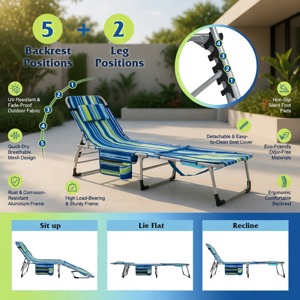 Hommoo 5-Position Adjustable Outdoor Folding Chaise Lounge Chair with Pillow, Lightweight, Portable & UV-Resistant, Blue & Green