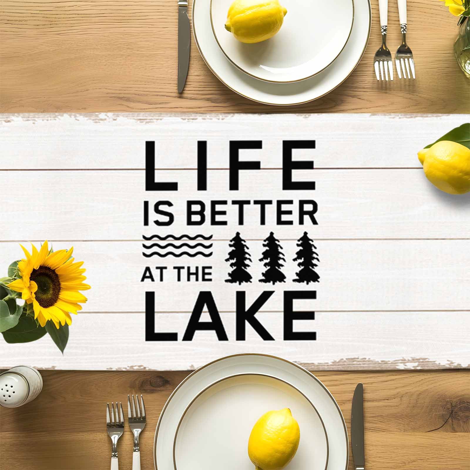 Summer Quotes Lake and Forest Table Runner 90 Inches Long, Farm Wooden Frain Table Runners Tabletop Scarf Kitchen Dining Tables Decoration for Home Party Indoor Outdoor