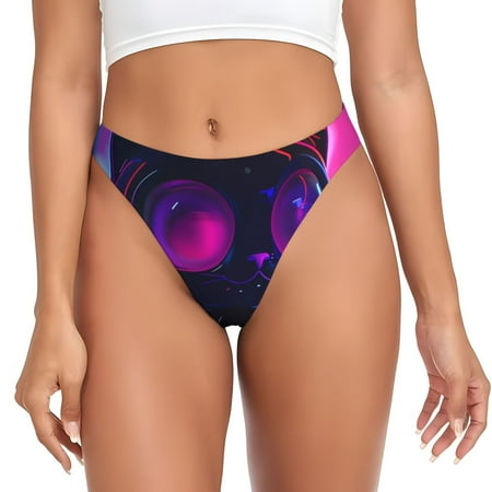 Qokaie Neon Toy Cat Reflections Printed Women s Cotton Thong Underwear  Sexy Breathable Panties G-string-Large
