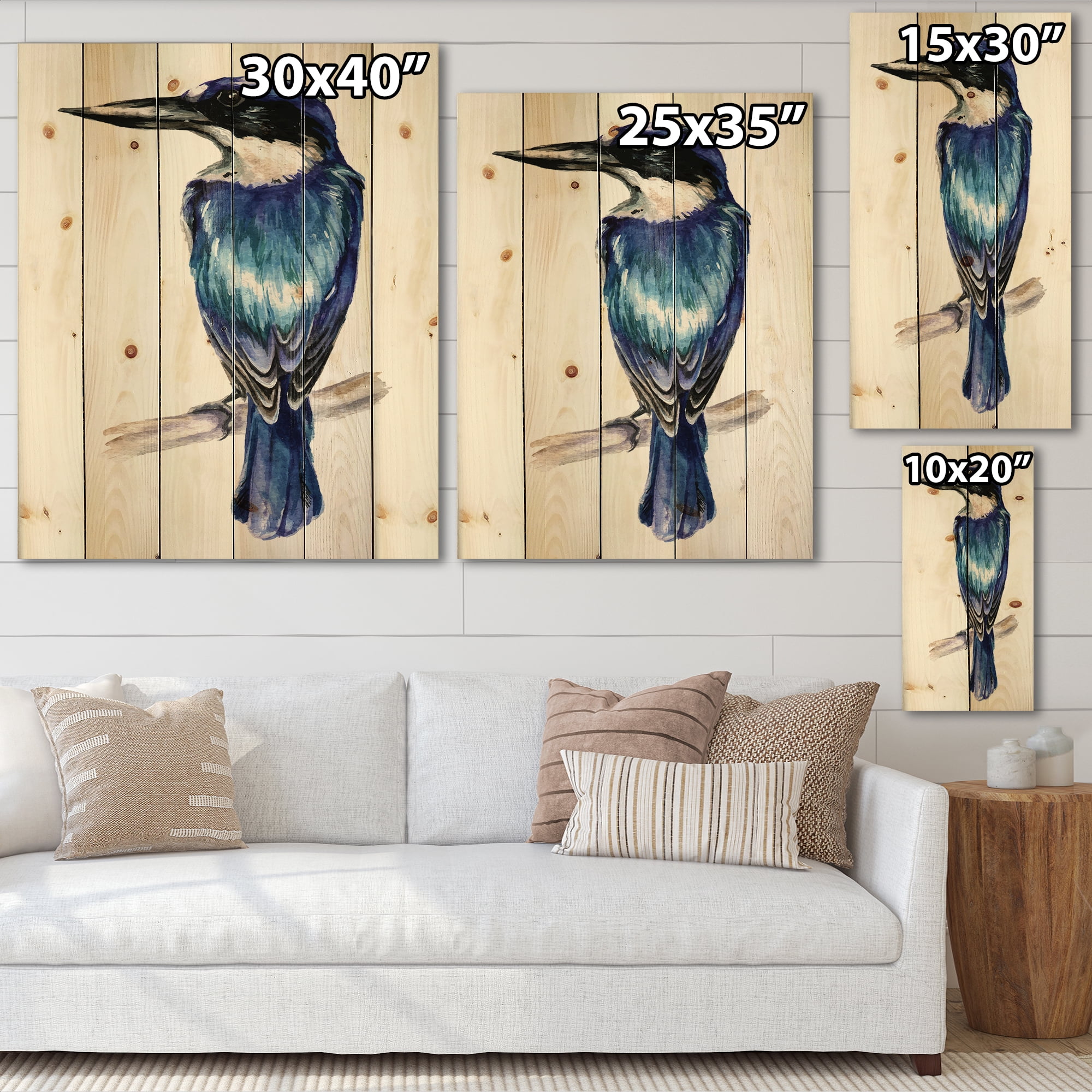 Designart 'Style Blue Kingfisher Bird' Traditional Print on Natural Pine Wood