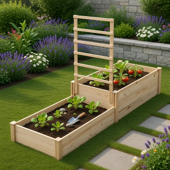 Yardi Yard Raised Garden Bed with Trellis, 87 Inch Wooden Elevated Planter with 2 Planter Boxes for Outdoor as Yard, Natural