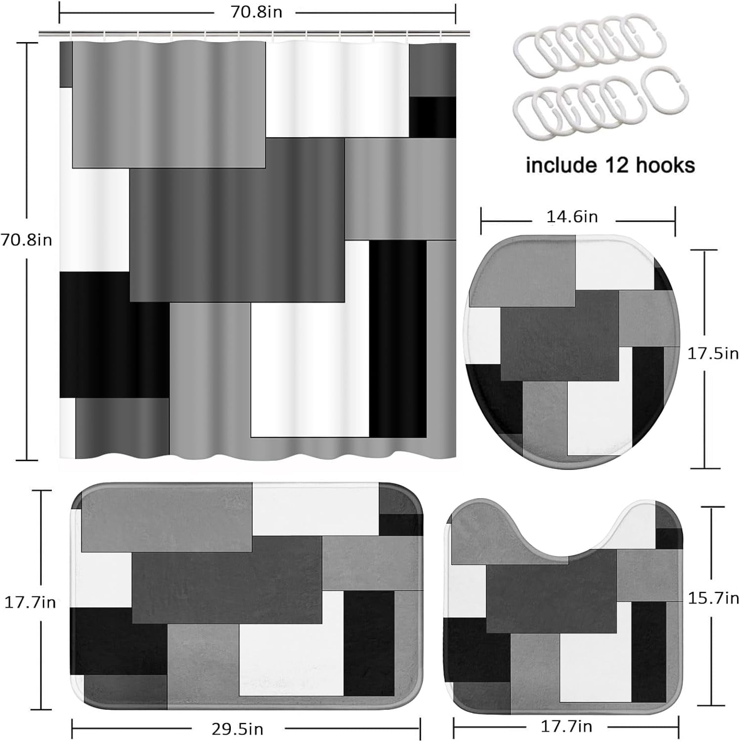 Grey Geometric Shower Curtain Set with Toilet Lid Cover and Non-Slip Rugs for Bathroom, Black White Checkered 4 Pcs Shower Curtain, Modern Abstract Bathroom Set with 12 Hooks