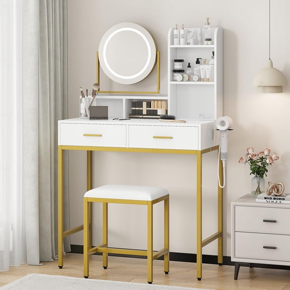 CuisinAid Vanity Desk with Adjustable Rotating Mirror, Makeup Table with 3-Color LED Lights, Power Outlet & USB, 2 Drawers & Stool, White & Gold