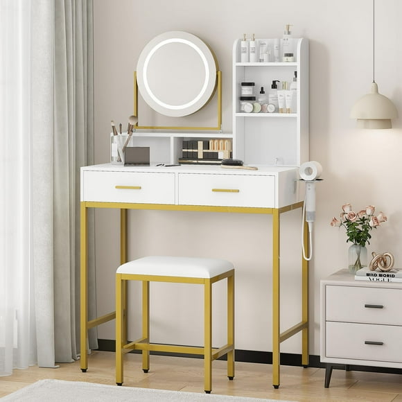Vanity Desk with Mirror and Lights, Vanity Desk Set with 2 Drawers & Stool, 3 Color Lighting Modes, Makeup Table Vanity for Bedroom