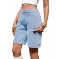 thumbnail image 2 of Bermuda Cargo Shorts for Women Casual Long Knee Length High Waisted Stretch Wide Leg Relaxed Fit Light Blue S, 2 of 9