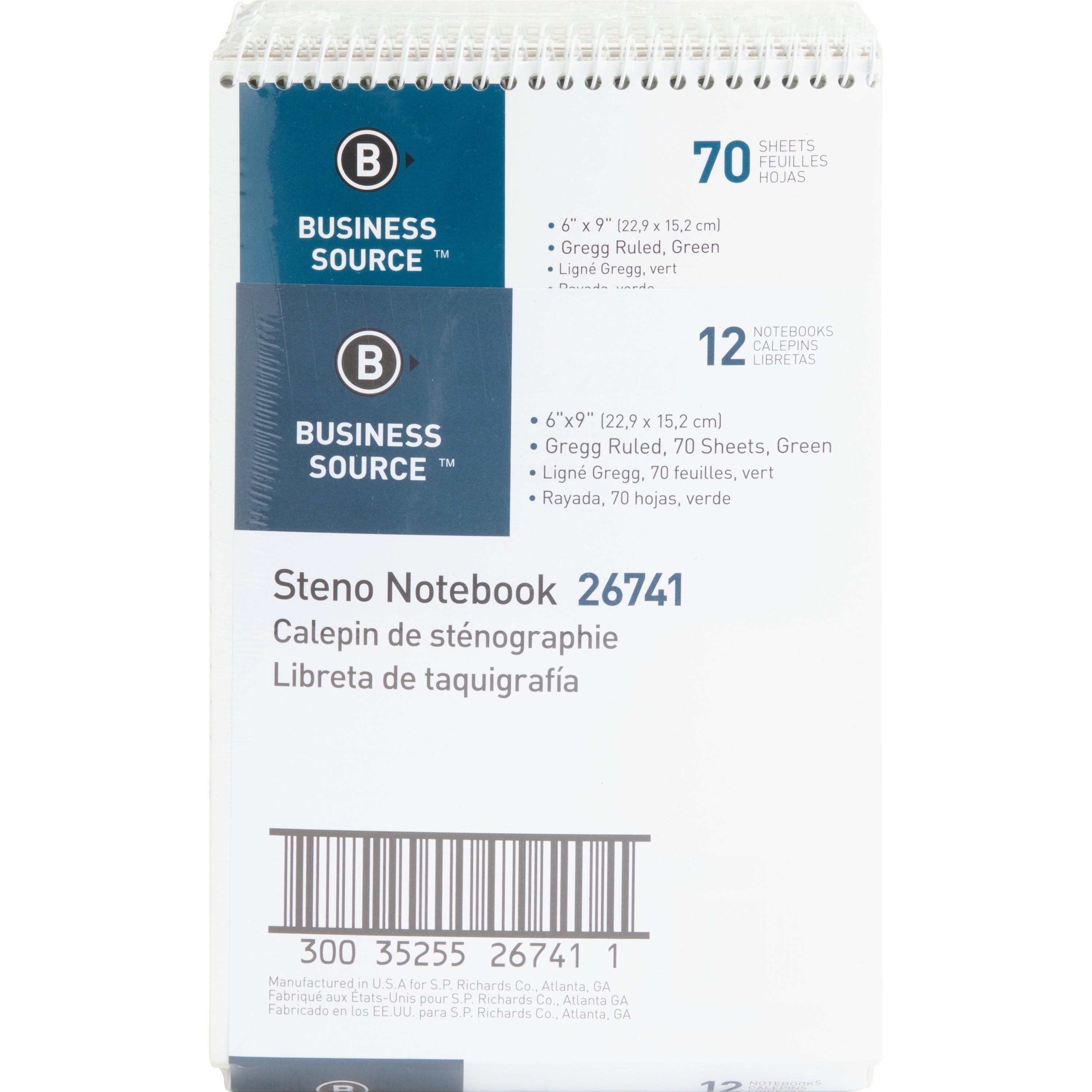 Business Source Wirebound Steno Notebook - 70 Sheets - Wire Bound - 15 Lb Basis Weight - 6" X 9" - Green Paper - 12 / Pack