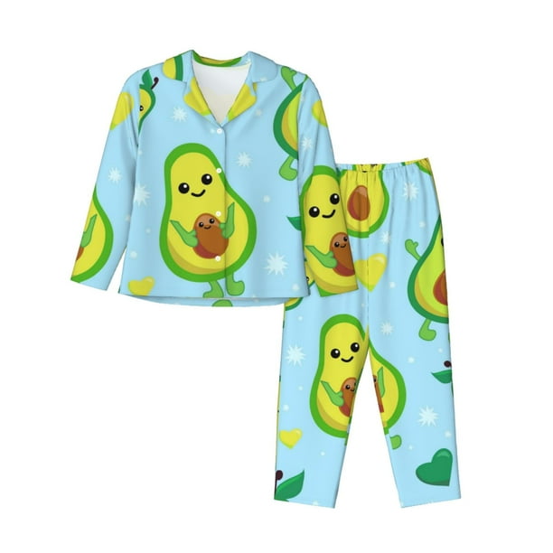 Fotbe Cartoon Avocado Conjunto de Pijama de Manga Larga para Mujer con Estampado, Ropa de Dormir de 2 Piezas, Conjunto de Casa Suave y Cómodo con Bolsillos-Medium