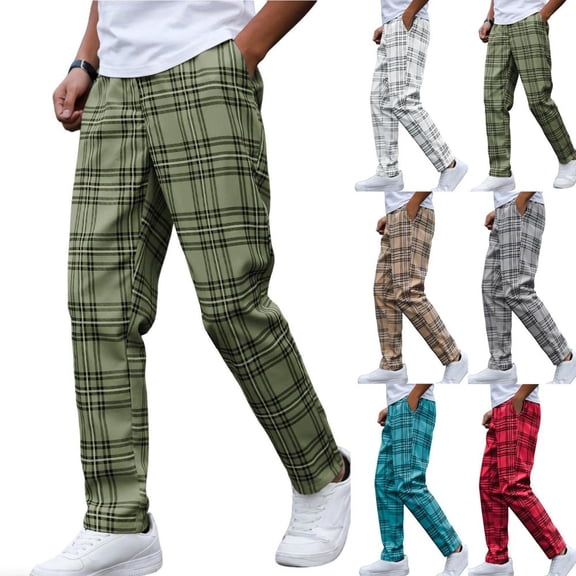 BXSRUTA Men's Casual Plaid Pencil Pants with Elastic Waist Drawstring for Outdoor Daily Wear
