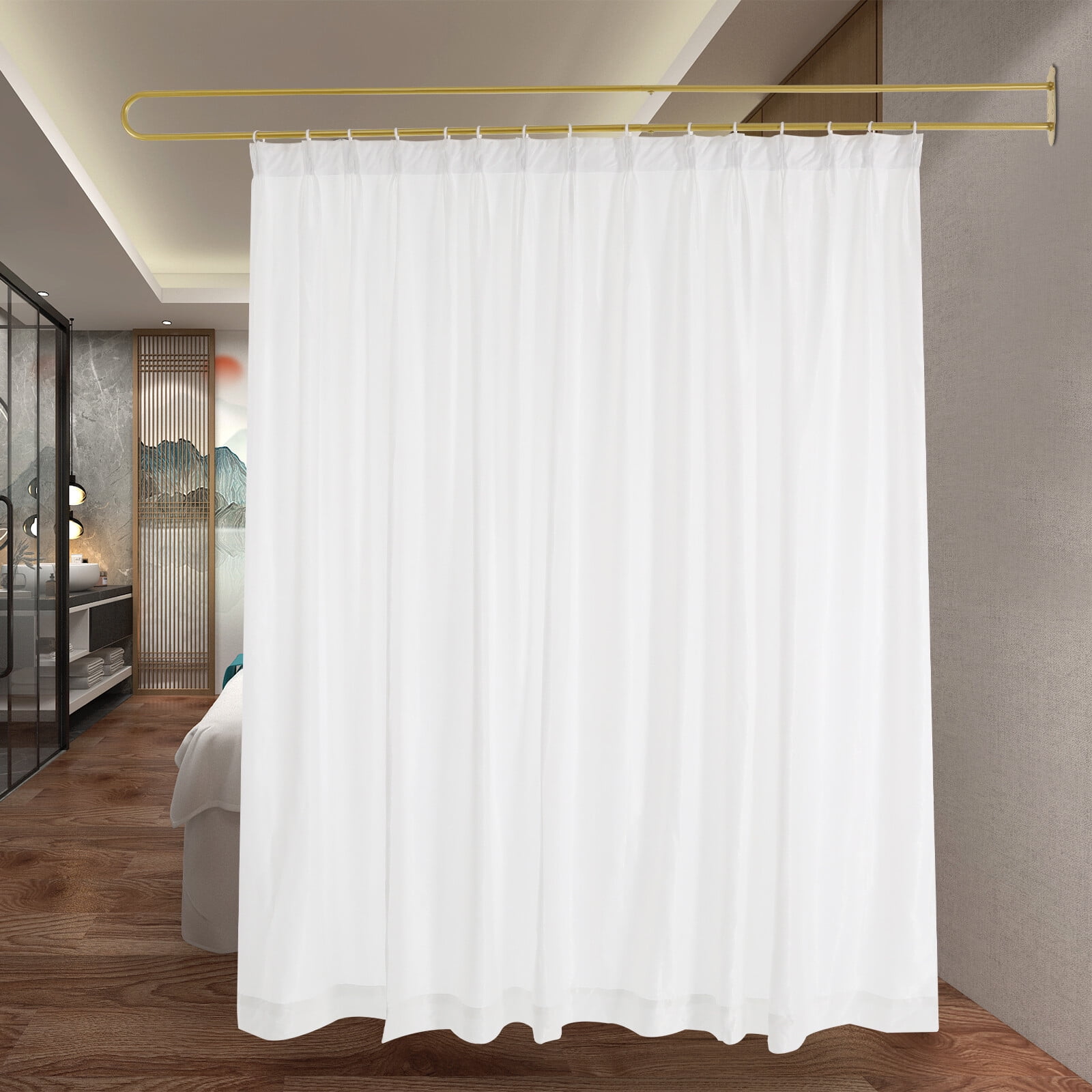 Gold U Shape Curtain Rod 7.5ft, Ceiling Mounted Privacy Partition with White Sheer Fabric, Heavy Duty Iron Curtain Track Room Divider for Bedroom Studio Office, Easy Installation