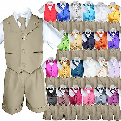 

Baby Boy Toddler Formal Vest Shorts Khaki 6 Piece Set Suit Bow Tie 23 Color S-4T