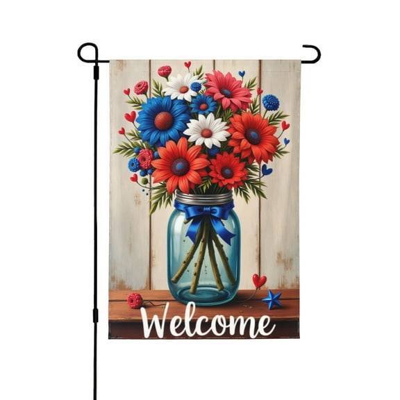 Welcome Summer Garden Flag Patriotic Mason Jar Flowers DoubleSided 12x18 Inch Outdoor Yard Decor Red White Blue Floral Farmhouse Decoration Seasonal House Flag