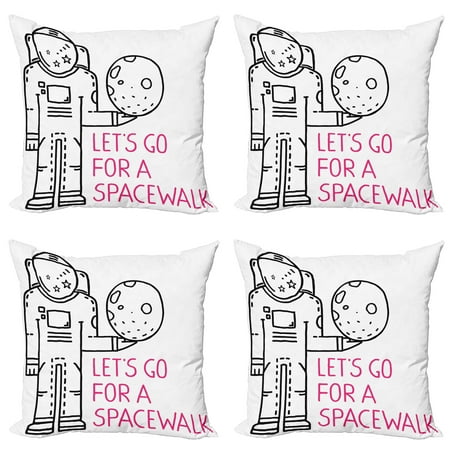Outer Space Throw Pillow Cushion Case Pack of 4, Space Walk Words with a Man Romance Love in Stars Minimalist Design Image, Modern Accent Double-Sided Print, 4 Sizes, Black and Pink, by Ambesonne