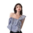 thumbnail image 1 of Camisa a rayas de un solo hombro para mujer, blusa Irregular sin mangas con espalda fruncida y decoración con volantes, blusa femenina a la moda con estampado de rayas L, 1 of 14