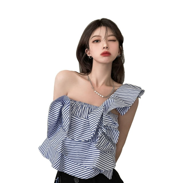 Camisa a rayas de un solo hombro para mujer, blusa Irregular sin mangas con espalda fruncida y decoración con volantes, blusa femenina a la moda con estampado de rayas L
