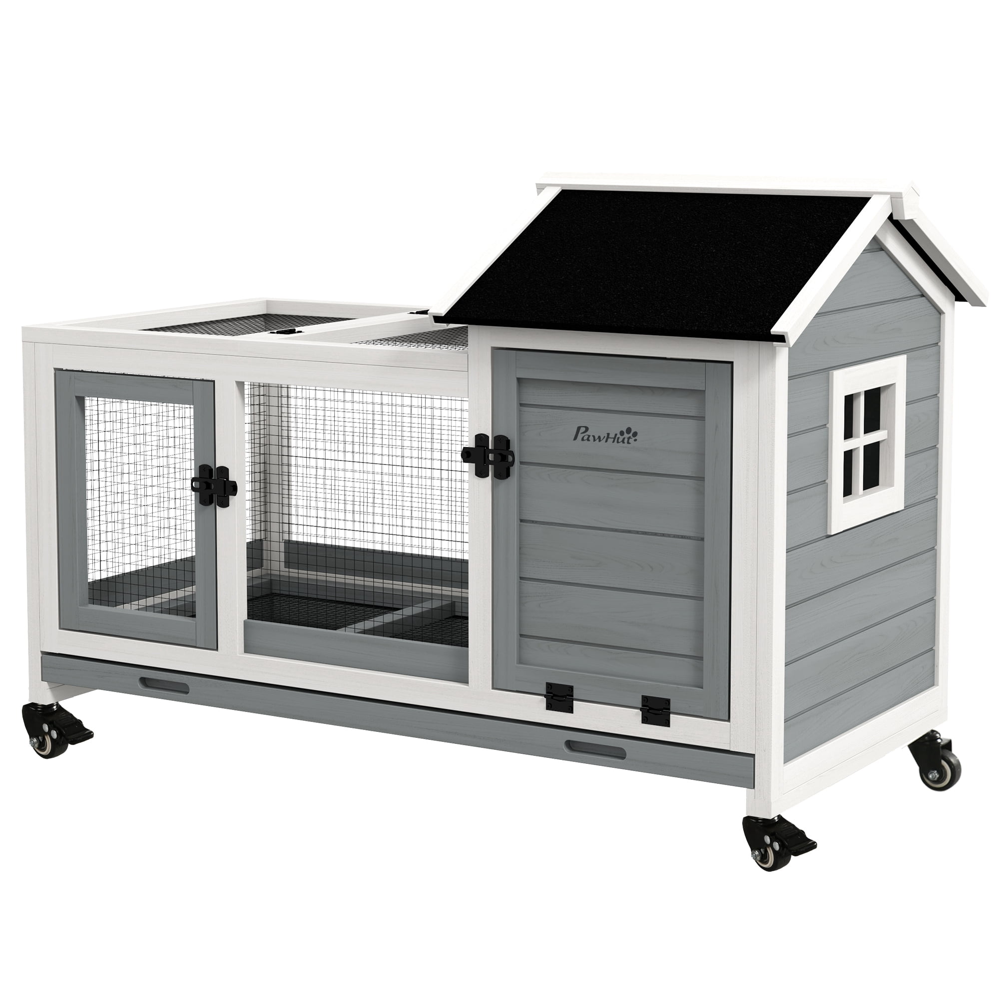 Wooden Rabbit Hutch with Wheels, Run, Slide-out Tray for Small Animals, Guinea Pig, Blue