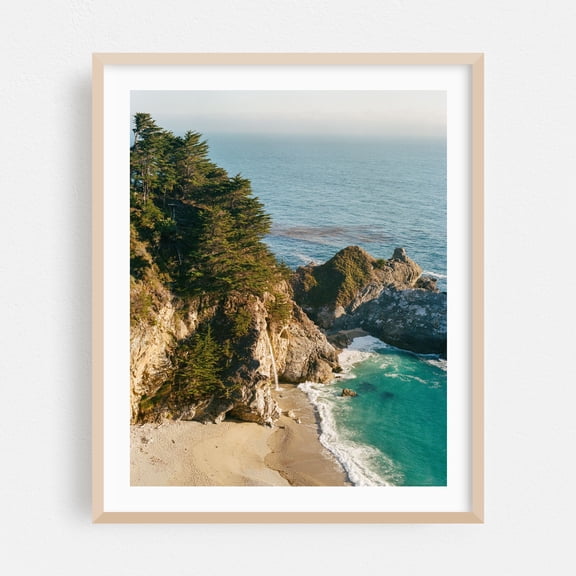 McWay Falls - California Photography Coast Waterfall Beach Ocean Nature Landscape Seascape Oak Framed Wall Art Print 12 x 16 inches