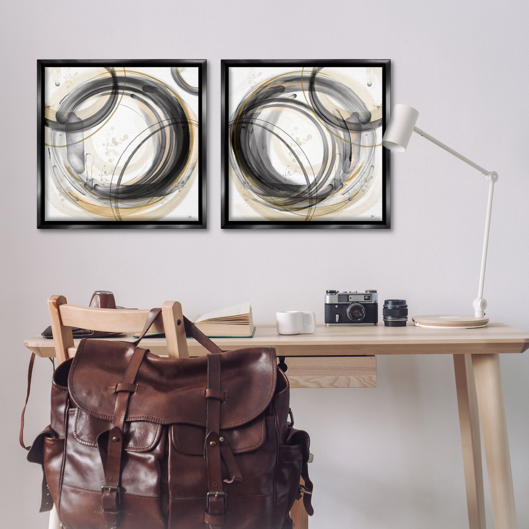 Stupell Industries Concentric Circles Pattern Abstract Painting Black Floater Framed Canvas Art Print Wall Art, 25 x 25, Set of 2