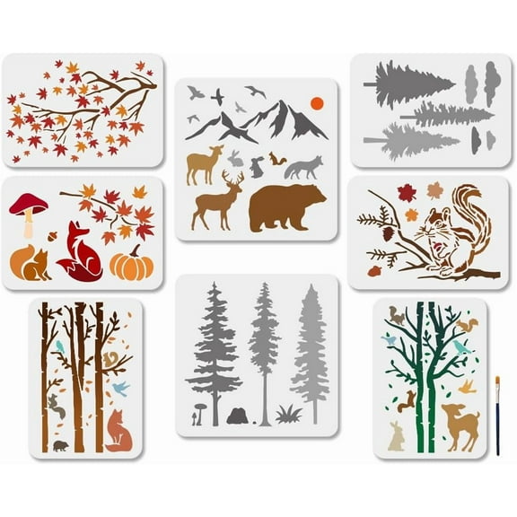 8Pcs Forest Animals Stencil Set Deer Bear Fox Squirrel Painting Stencils 11.8×11.8/11.7×8.3inch Reusable Mountain Tree Drawing Template with Paint Brush for Window Wood Wall Home Decor