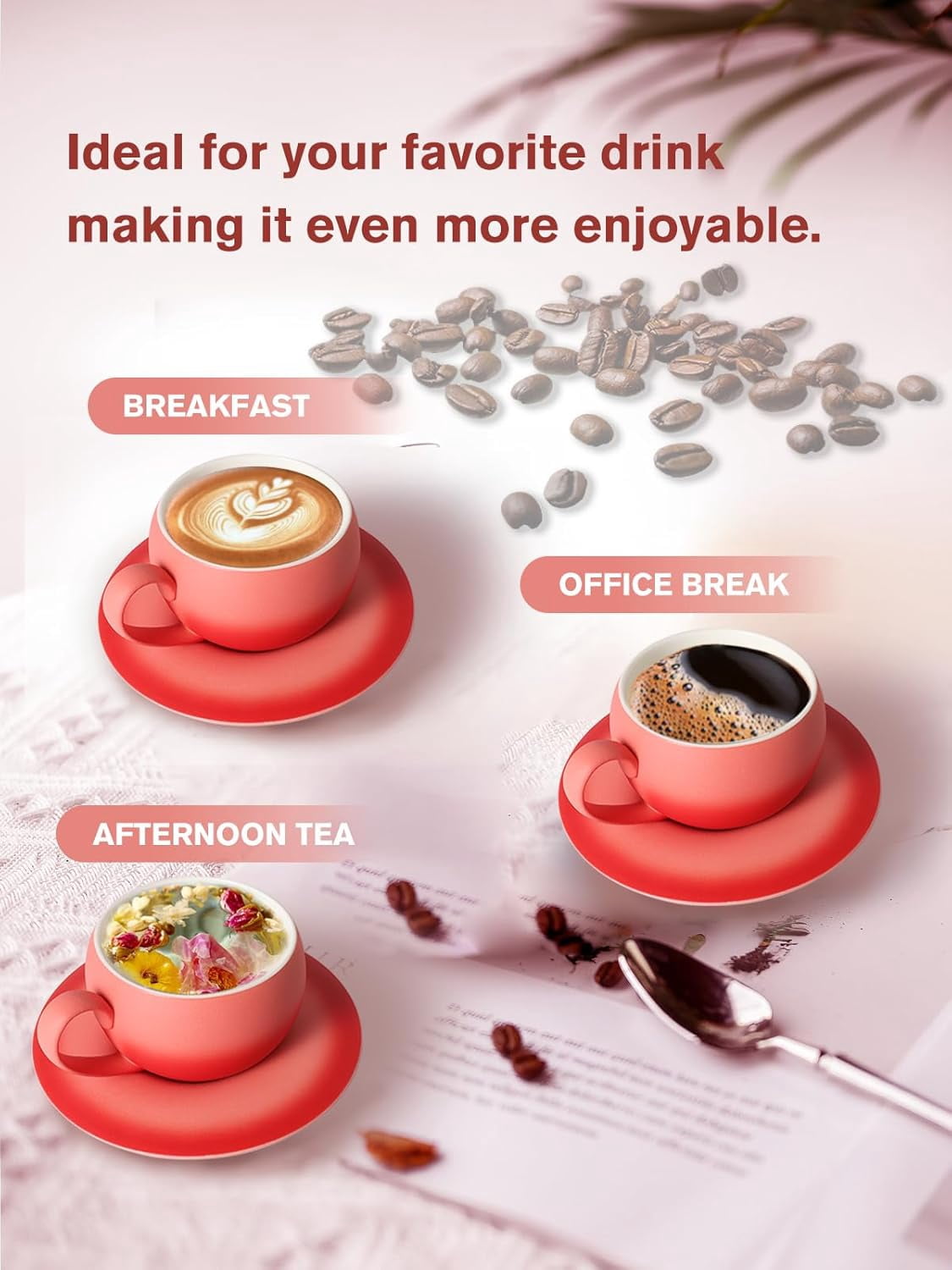 ABCISI Ceramic Coffee Cup with Saucer, 8.8 Oz  Lovely Round Shape Cafe Cup with Excellent Insulation Properties for Latte, Cappuccino, Espresso, Mocha, Coffee, Tea Cup Set,Pink