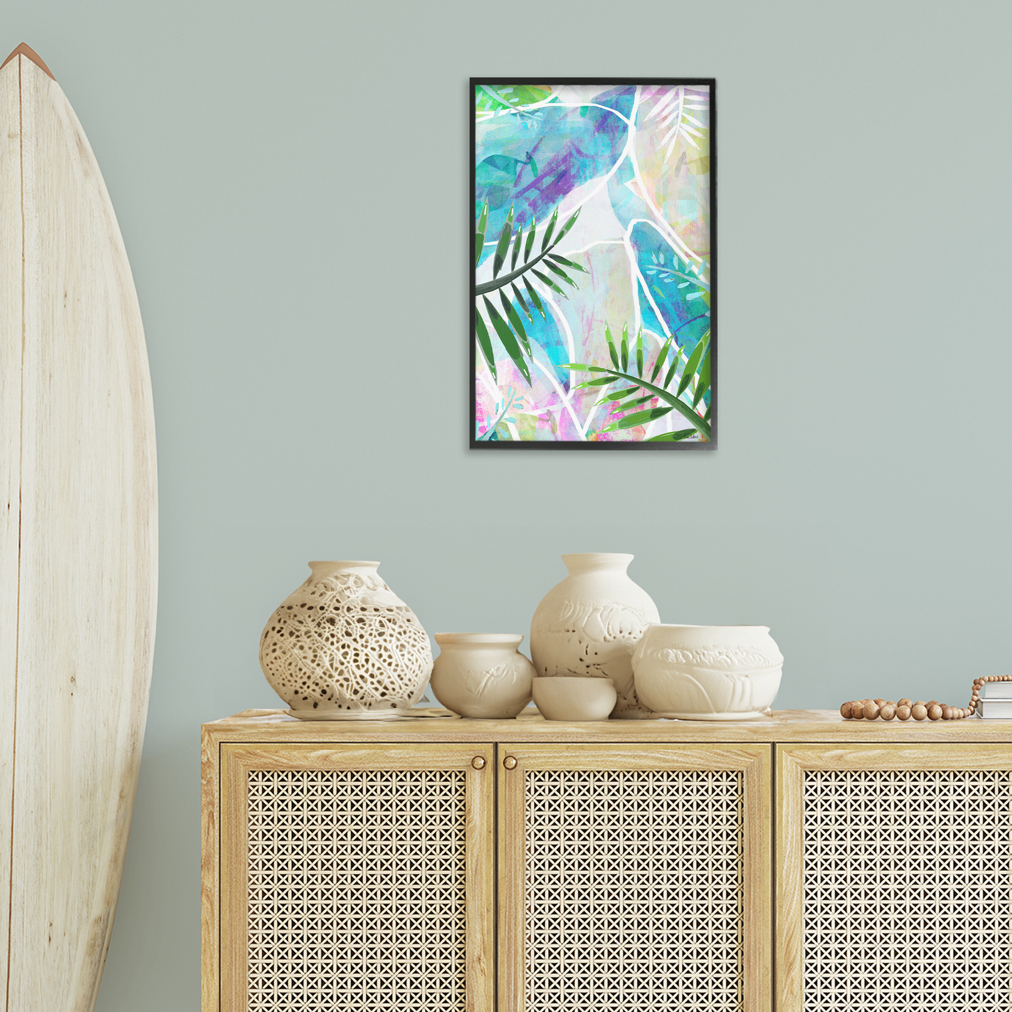 Stupell Industries Layered Tropical Leaves Coastal Painting Black Framed Art Print Wall Art, 16 x 24