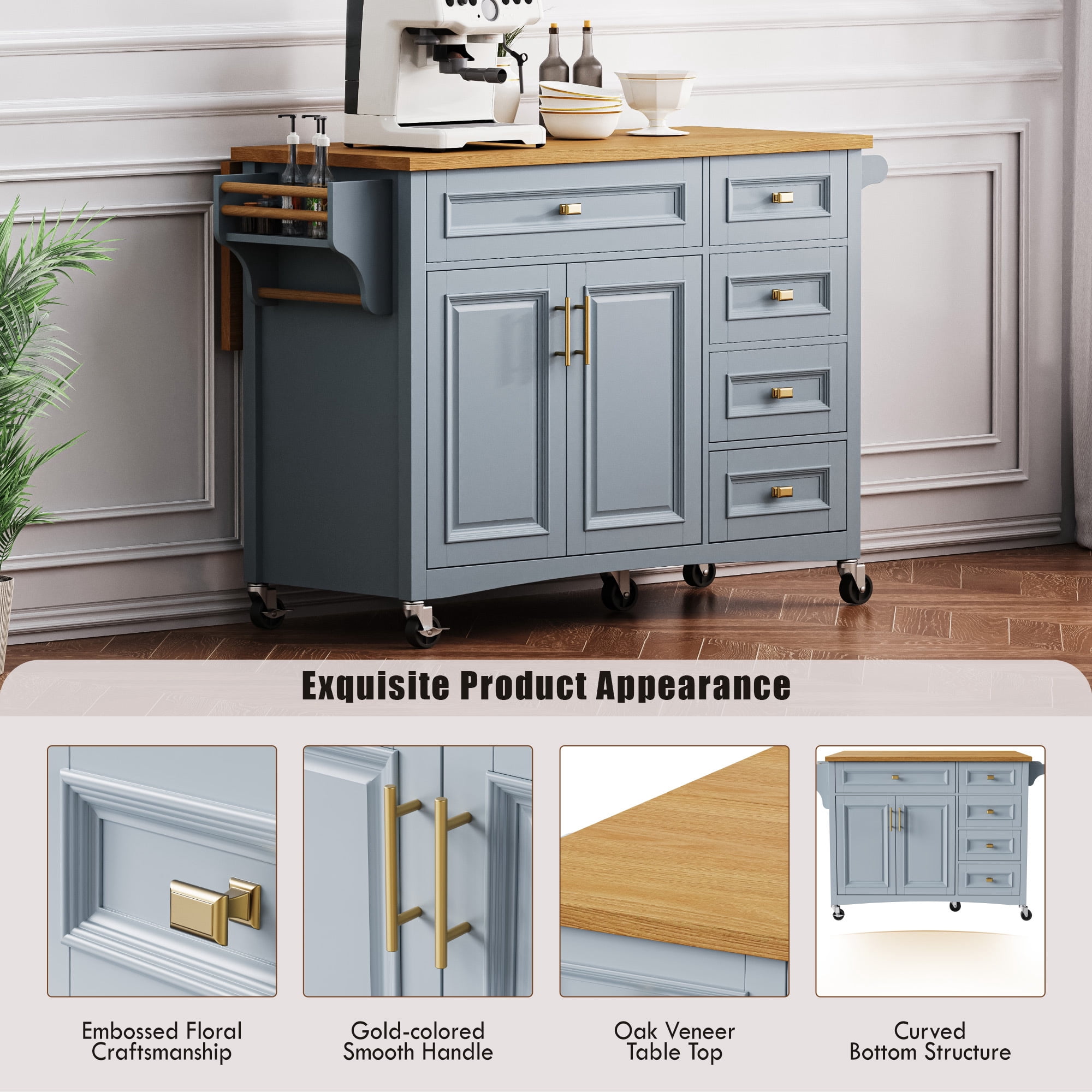 Euroco 52" Kitchen Island with Drop Leaf,Rolling Kitchen Island Cart on Wheels with Spice Rack,Towel Rack,2 Doors and 5 Drawers for Dining room,Blue
