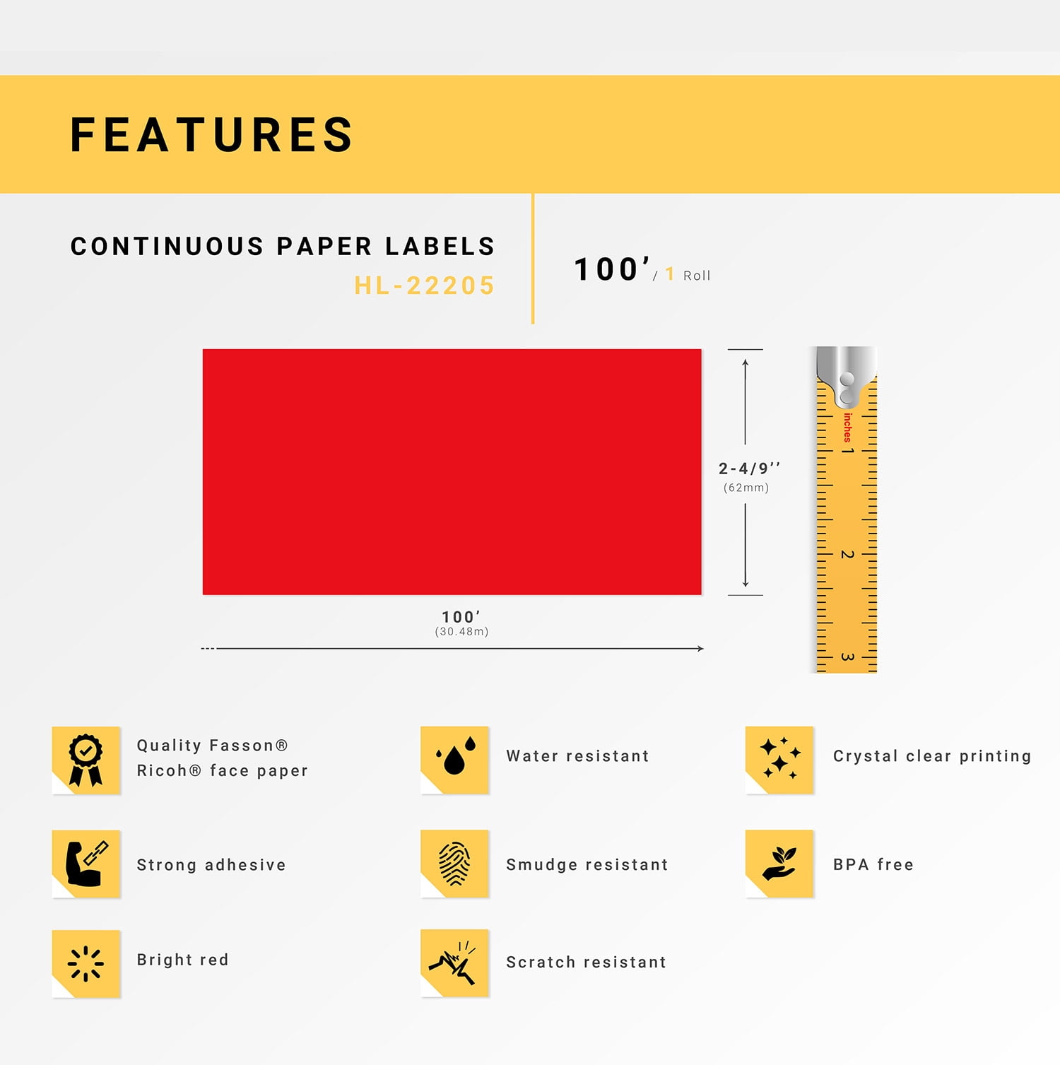 HOUSELABELS Compatible with DK-2205 Replacement Roll for Brother QL Label Printers; RED Continuous Length Labels; 2-4/9" x 100 feet (62mm*30.48m) - 6 Rolls