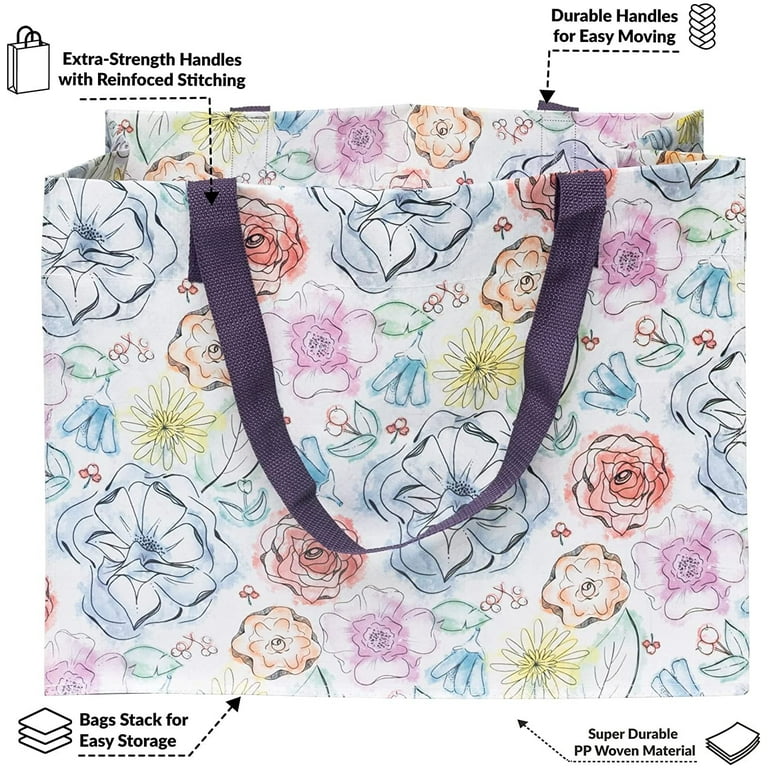 Zenpac- Reusable Fabric Cute Floral & Stripes Prints Tote Bags with Handles for All Occasions 2 Pack, Adult Unisex, Size: Large