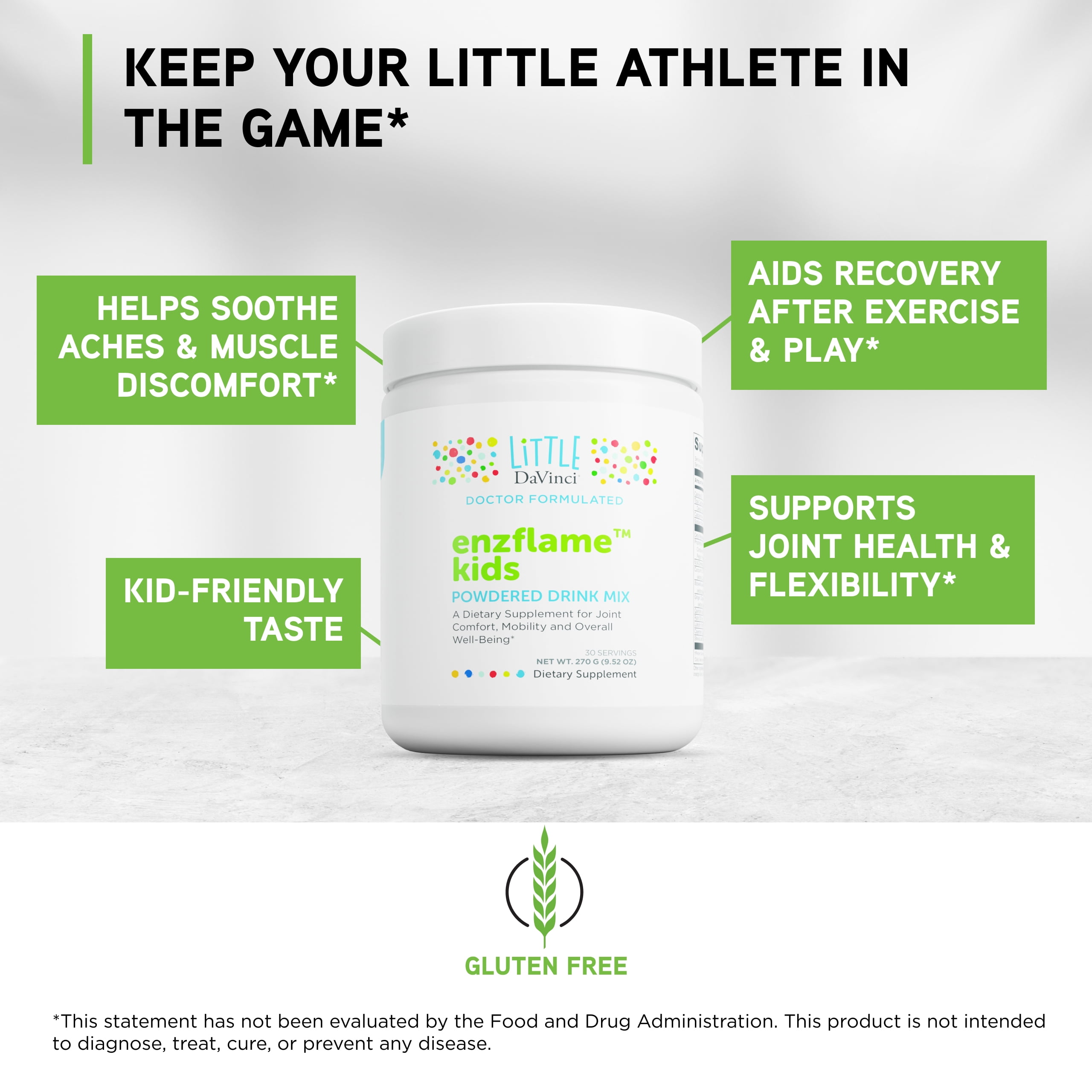 Little DaVinci Enzflame Kids Powder - Support Muscle & Joint Comfort* - Orange Flavor - 30 Servings - 270 g
