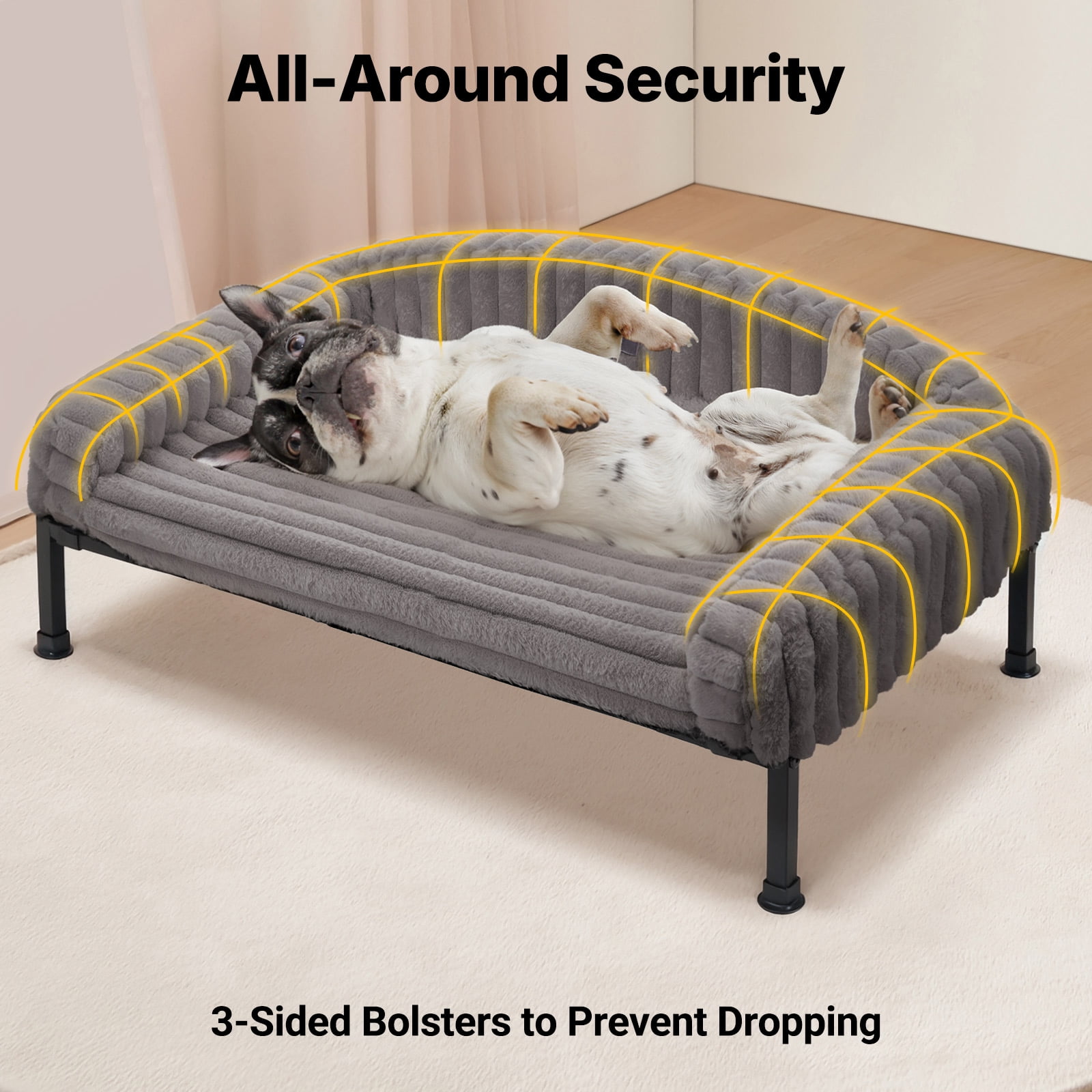 Veehoo Orthopedic Elevated Dog Bed with Bolster Cushion, Plush Dog Couch Beds, 30 x 20 Inches, Grey