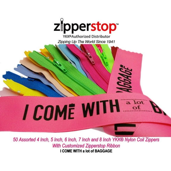 Zipperstop Wholesale Ykkâ®- 50 Assorted 4", 5", 6",7" And 8" Inch Nylon Coil Zippers Ykkâ® #3 Skirt & Dress Zippers Closed Bottom With Customized Zipperstop Ribbon - Crafter'S Special
