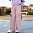 thumbnail image 5 of Bixock Cargo Pants for Girls High Waist Wide Leg Pants Kids Trousers Elastic Waist Bow Patch Pocket Button Waistband Drape Solid Color Breathable Casual Daily Wear Size 9-10Years, 5 of 6