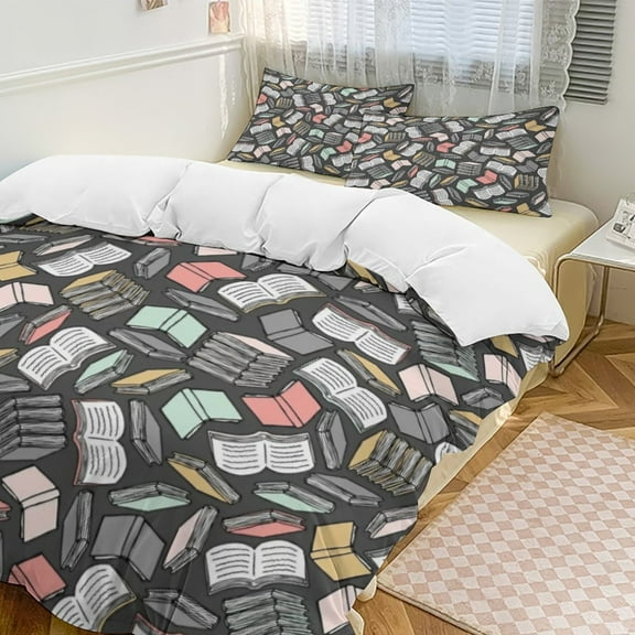 So Many Books Duvet Cover Set Themed Multicolor Polyester Bedding Set for Bedroom Decoration