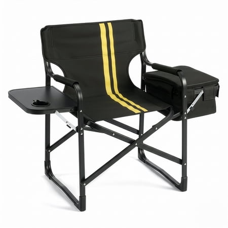 WDZS Portable Folding Camping Chair with Cooler Bag & Side Table Heavy Duty Outdoor Director Chair 1PC Black & Yellow Stripes with Side Table