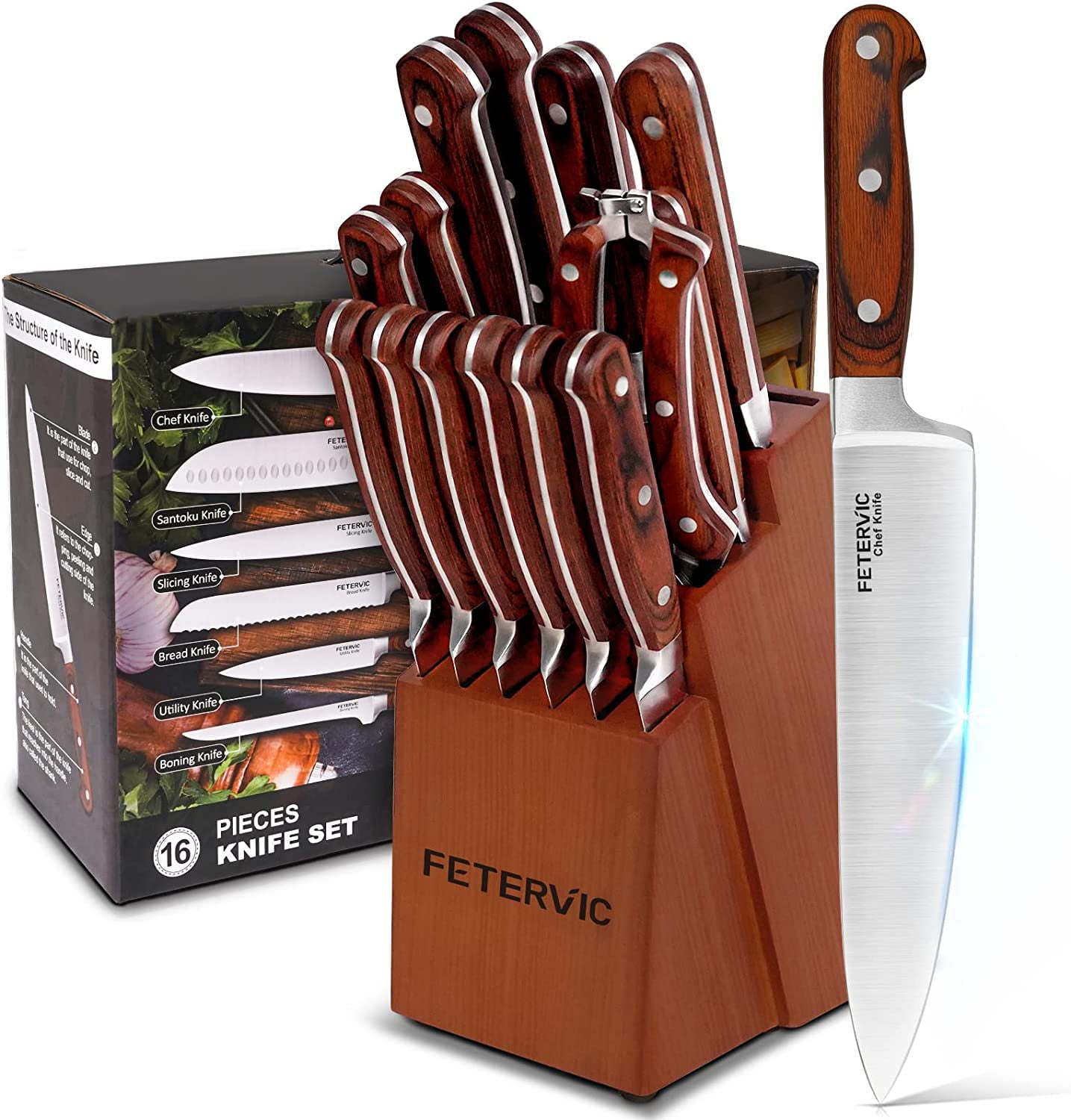 FETERVIC Knife Set 16 PCS High Carbon Kitchen Knife Sets Wooden Block
