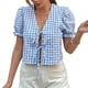 thumbnail image 3 of Blusa de Verano con Cuello en V, Mangas Abullonadas y Puños Elásticos para Mujer Azul XL, 3 of 10