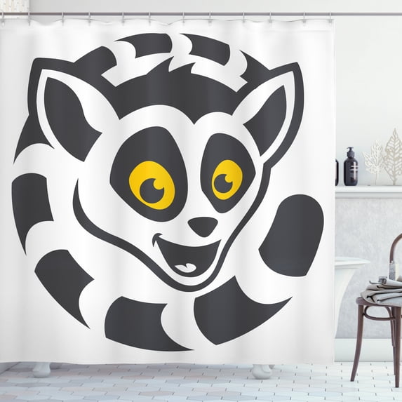 Lemur Shower Curtain, Ring Tailed Endemic Madagascar Monkey Happy Head on Plain Background, Fabric Bathroom Set with Hooks, 69W X 84L Inches Extra Long, Earth Yellow and Dark Taupe, by Ambesonne