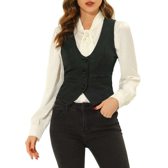 INSPIRE CHIC Vintage Vest for Women's Button Up Jacquard Steampunk Suit Waistcoat with Pockets XS Black