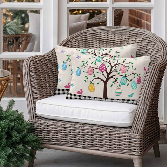 Outdoor Pillow Covers Pack of 2, Happy Easter Colorful Eggs Tree Waterproof Throw Pillowcase Cushion Cases, Bunny Flower Classic Lattice Decorative Pillow Cover for Couch Sofa Home Bed Patio 20x12in