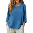 thumbnail image 7 of LangJing Women's Long Sleeve Cotton Linen Tops Summer Casual Round Neck Tunic Top Loose Fit Comfy Dressy Blouses with Pockets Blue,XL, 7 of 7