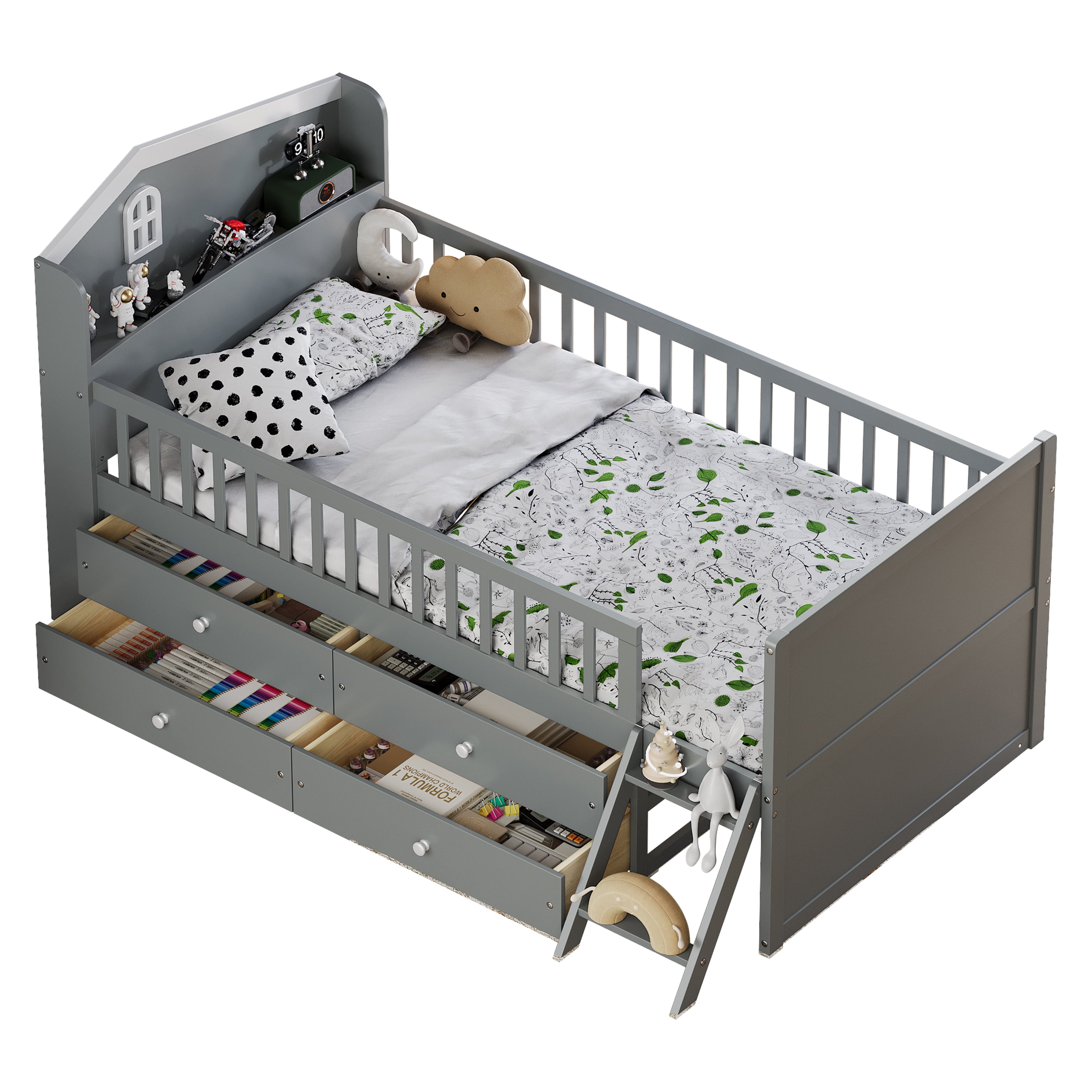 Euroco Wood Twin Size Platform Bed with Drawers, House Bed with Storage and Ladder, Gray
