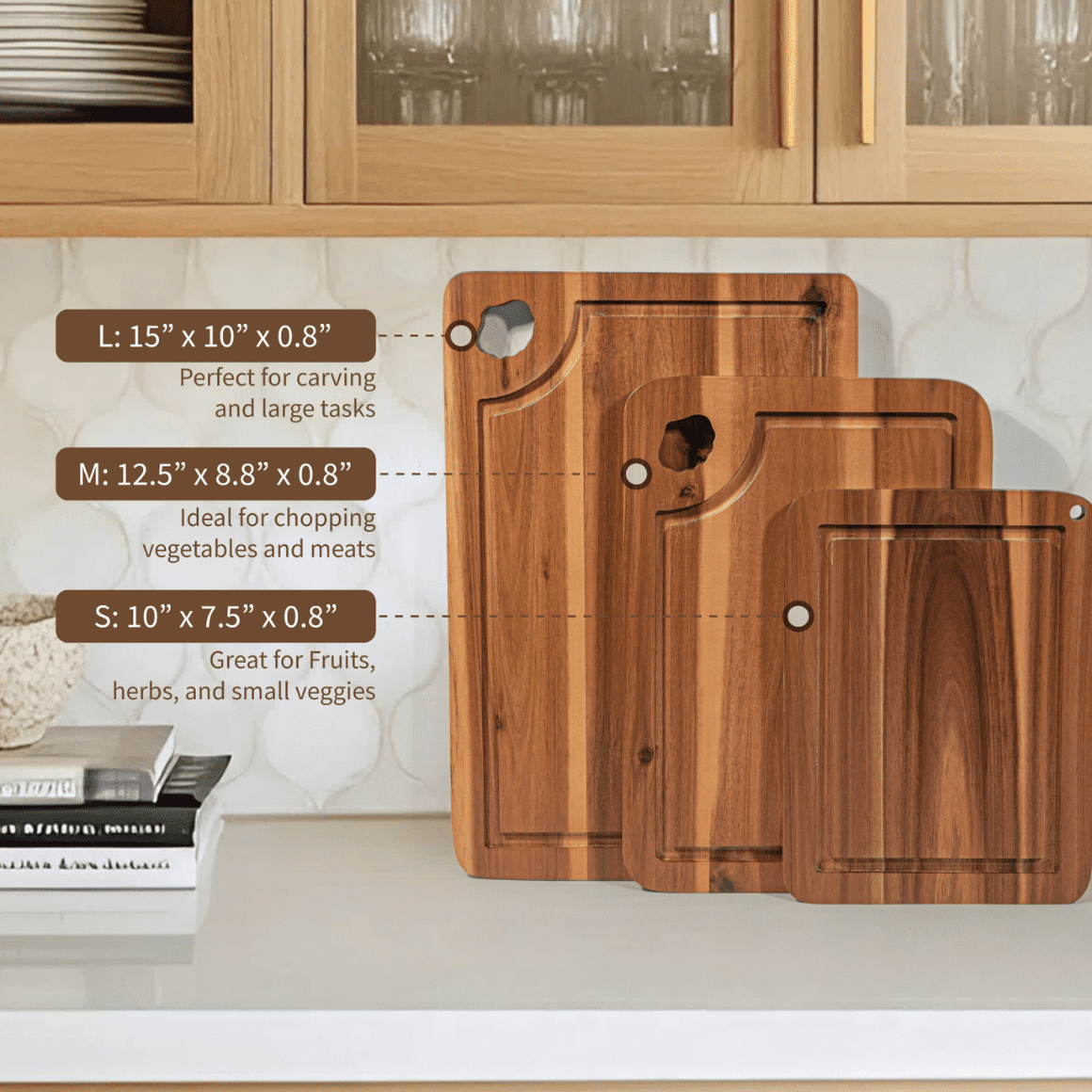 Wooden Cutting Boards for Kitchen Set of 3 Solna – Acacia Wood Cutting Board with Juice Groove & Hand Grip – Chopping Boards, Small Wooden Cutting Board, Meat & Vegetable Cutting Board
