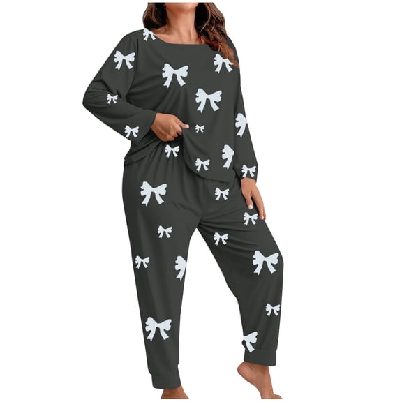 CHUMUD Womens Plus Size 2 Piece Pajama Sets Long Sleeve Crew Neck Tops and Pants Soft Bow Sleepwear Casual Nightwear Pjs Lounge Set