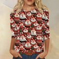 thumbnail image 2 of WTOBBY Women's Casual Round Neck 3/4 Sleeve Loose Printed T-Shirt with Christmas Elements, Ladies Holiday Theme Top for Everyday Wear, Comfortable Fashion Blouse,Red S, 2 of 6
