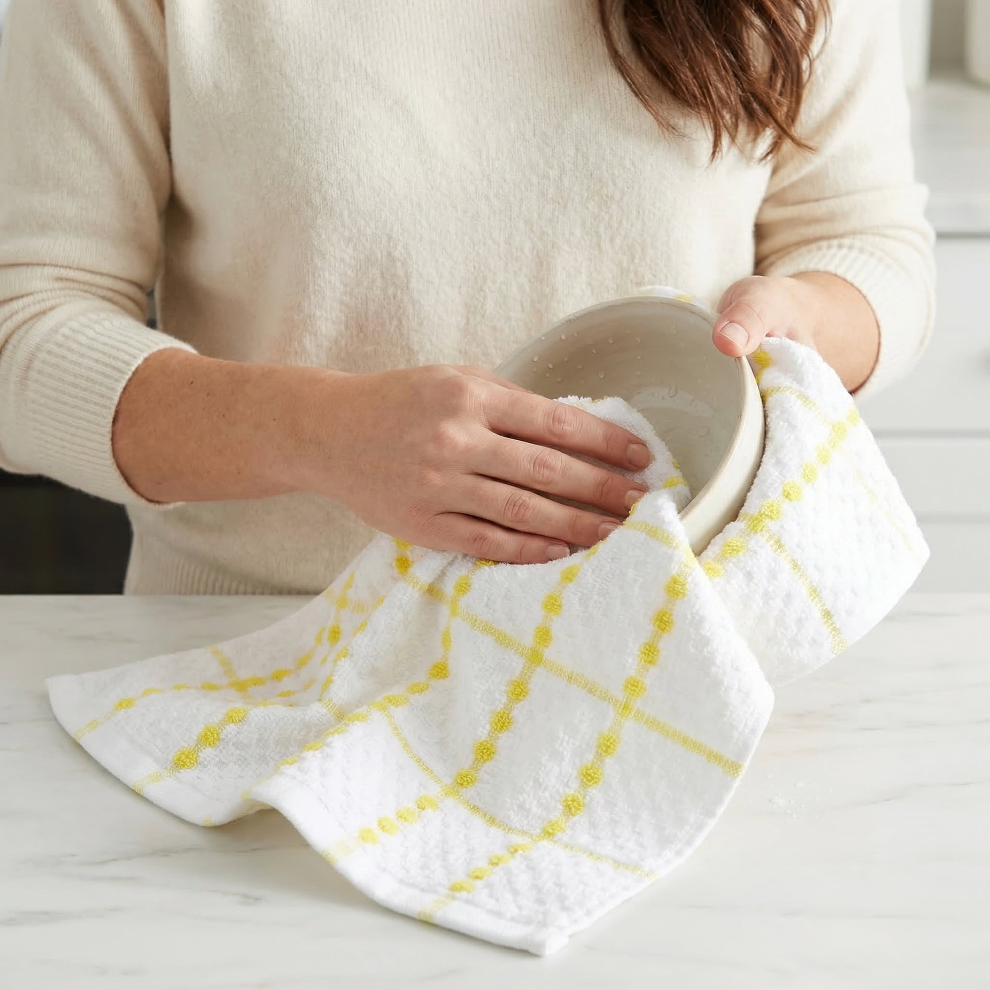 Unique Bargains 4 Pack Kitchen Towels Plaid 100% Cotton Quick Dry Yellow/Green 25" x 15"
